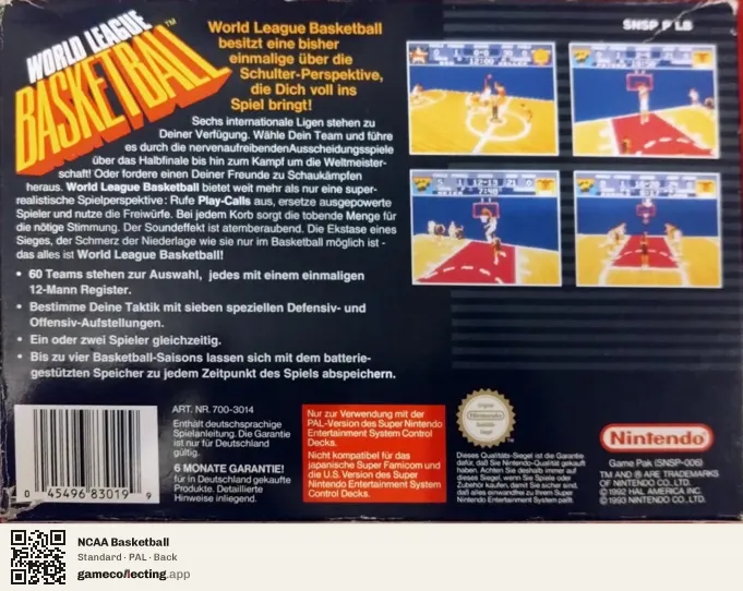 NCAA Basketball Super Nintendo Entertainment System, PAL box back