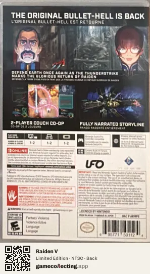 Raiden V Nintendo Switch, NTSC box back