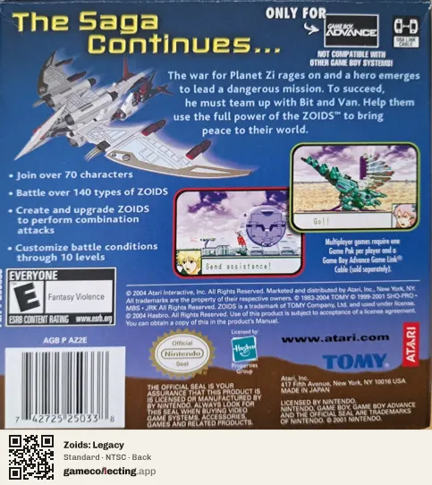 Zoids: Legacy Game Boy Advance, NTSC box back