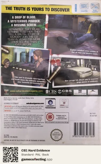 CSI: Hard Evidence Nintendo Wii, PAL box back