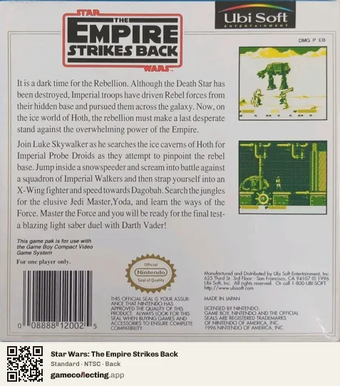 Star Wars: The Empire Strikes Back Game Boy, NTSC box back