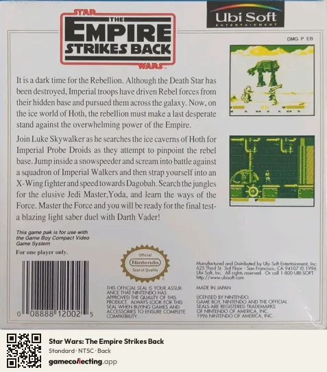 Star Wars: The Empire Strikes Back Game Boy, NTSC box back