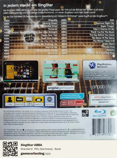 SingStar ABBA PlayStation 3, Germany box back