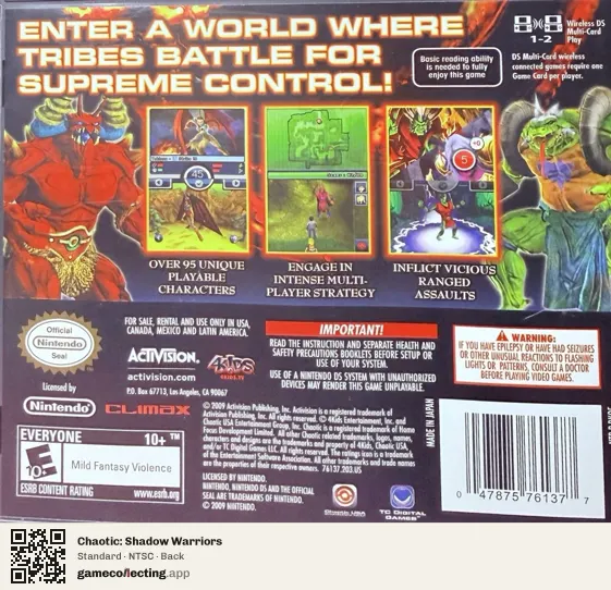 Chaotic: Shadow Warriors Nintendo DS, NTSC box back