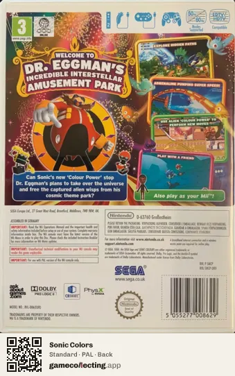 Sonic Colors Nintendo Wii, PAL box back