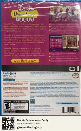 Barbie Dreamhouse Party Nintendo Wii U, NTSC box back
