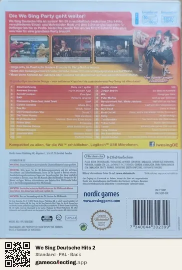 We Sing Deutsche Hits 2 Nintendo Wii, PAL box back
