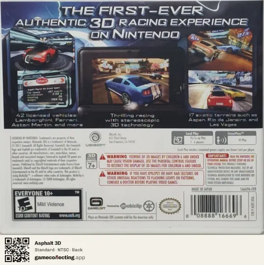 Asphalt 3D Nintendo 3DS, NTSC box back