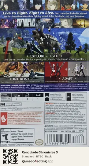 Xenoblade Chronicles 3 Nintendo Switch, NTSC box back