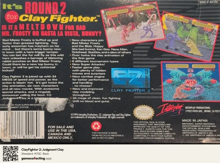 ClayFighter 2: Judgment Clay Super Nintendo Entertainment System, NTSC box back
