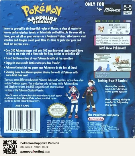 Pokémon Sapphire Version Game Boy Advance, NTSC box back