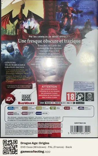 Dragon Age: Origins Computer, France box back