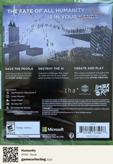 Humanity Xbox Series X, NTSC box back