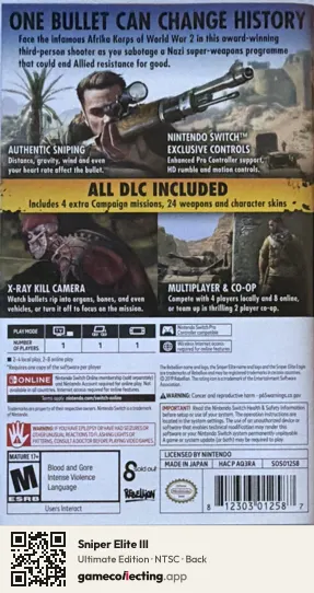 Sniper Elite III Nintendo Switch, NTSC box back