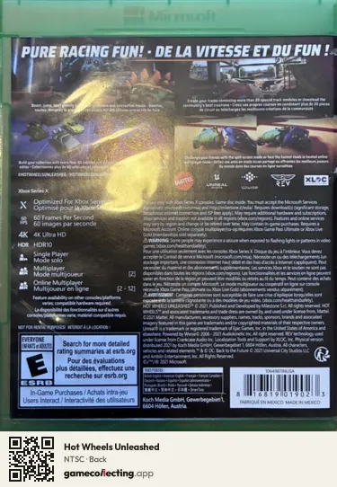 Hot Wheels Unleashed Xbox Series X, NTSC box back