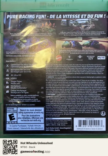 Hot Wheels Unleashed Xbox Series X, NTSC box back