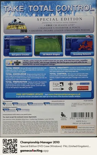 Championship Manager 2010 Computer, United Kingdom box back