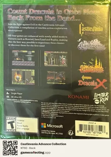 Castlevania Advance Collection Xbox One, NTSC box back
