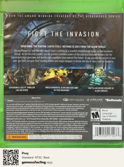 Prey Xbox One, NTSC box back
