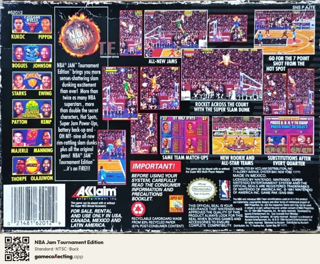 NBA Jam Tournament Edition Super Nintendo Entertainment System, NTSC box back