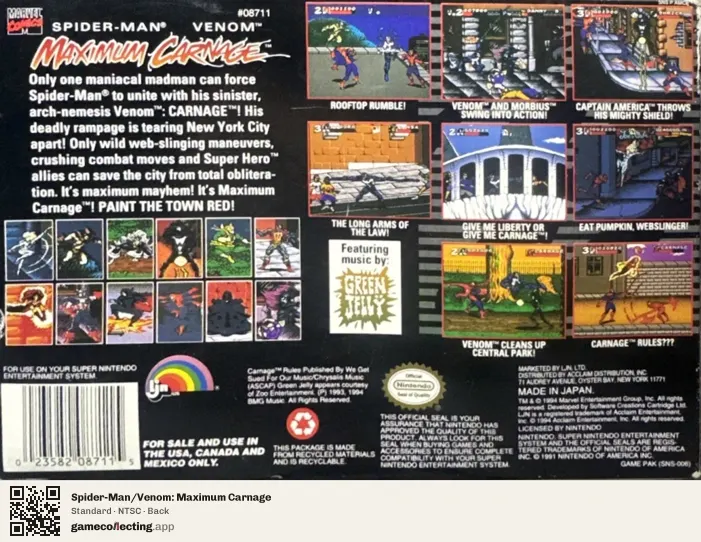 Spider-Man/Venom: Maximum Carnage Super Nintendo Entertainment System, NTSC box back