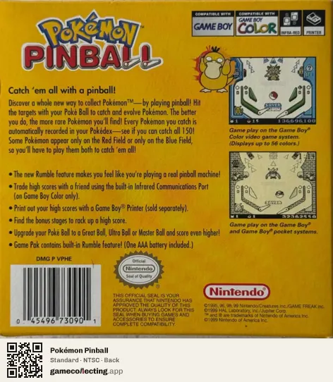 Pokémon Pinball Game Boy Color, NTSC box back