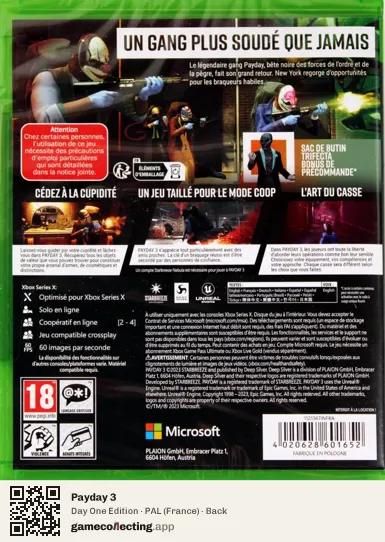 Payday 3 Xbox Series X, France box back