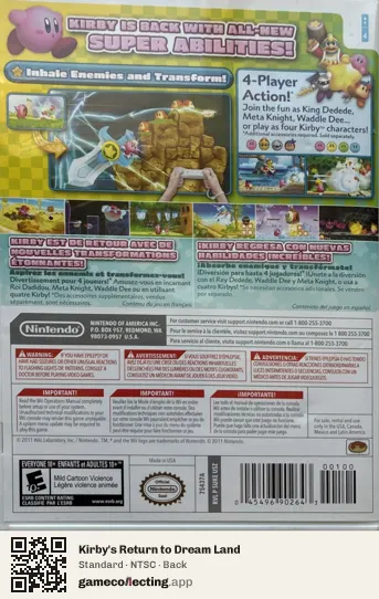 Kirby's Return to Dream Land Nintendo Wii, NTSC box back
