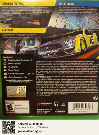 NASCAR 21: Ignition Xbox Series X, NTSC box back
