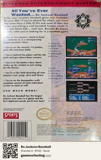Bo Jackson Baseball Nintendo Entertainment System, NTSC box back