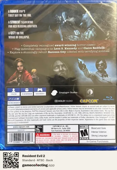 Resident Evil 2 PlayStation 4, NTSC box back