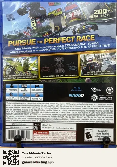 TrackMania Turbo PlayStation 4, NTSC box back