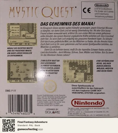 Final Fantasy Adventure Game Boy, PAL box back