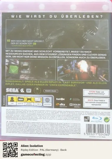 Alien: Isolation PlayStation 3, Germany box back