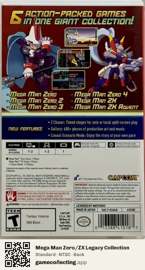 Mega Man Zero/ZX Legacy Collection Nintendo Switch, NTSC box back