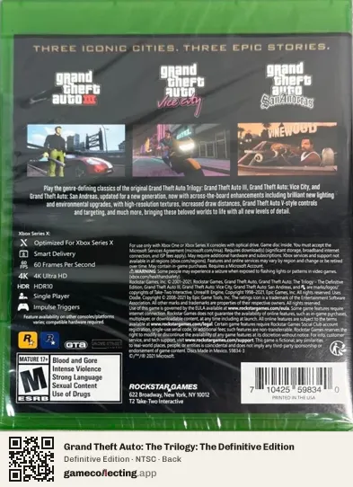 Grand Theft Auto: The Trilogy: The Definitive Edition Xbox Series X, NTSC box back