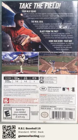 R.B.I. Baseball 19 Nintendo Switch, NTSC box back
