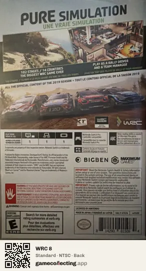 WRC 8 Nintendo Switch, NTSC box back