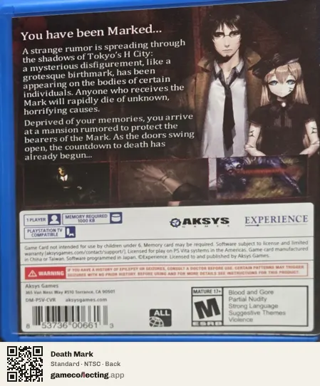 Death Mark PlayStation Vita, NTSC box back