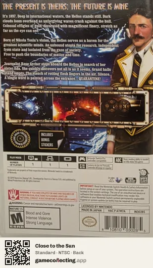 Close to the Sun Nintendo Switch, NTSC box back
