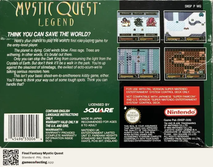 Final Fantasy Mystic Quest Super Nintendo Entertainment System, PAL box back