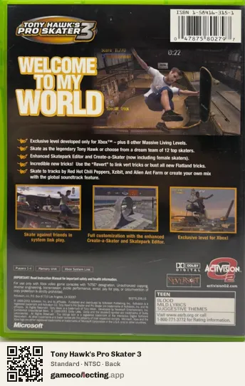 Tony Hawk's Pro Skater 3 Xbox, NTSC box back