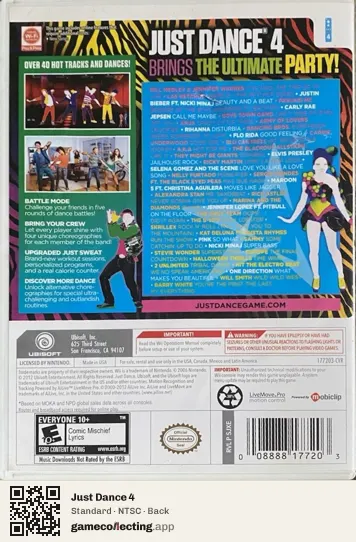 Just Dance 4 Nintendo Wii, NTSC box back