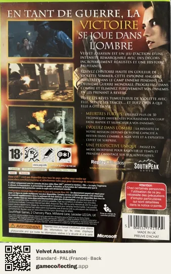 Velvet Assassin Xbox 360, France box back