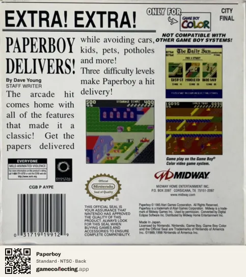 Paperboy Game Boy Color, NTSC box back