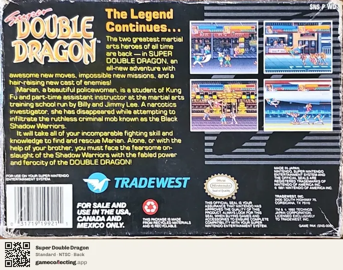 Super Double Dragon Super Nintendo Entertainment System, NTSC box back