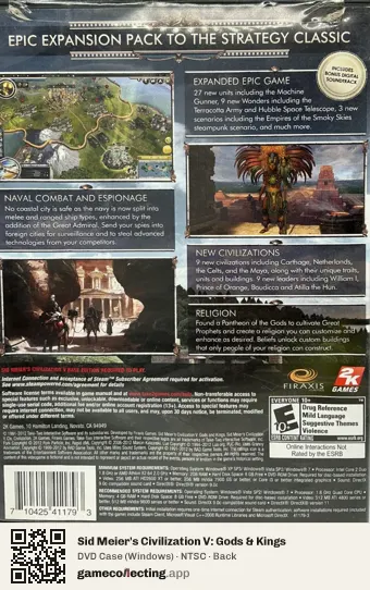 Sid Meier's Civilization V: Gods & Kings Computer, NTSC box back