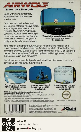 Airwolf Nintendo Entertainment System, PAL box back
