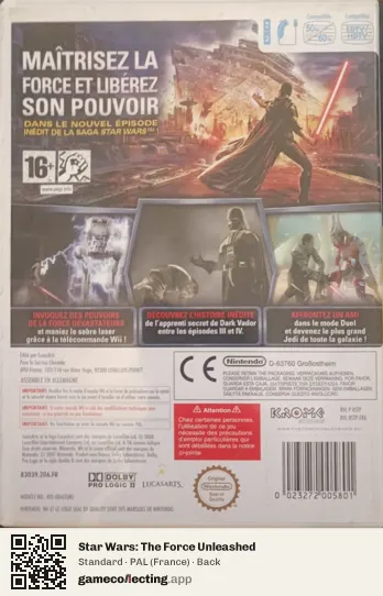 Star Wars: The Force Unleashed Nintendo Wii, France box back