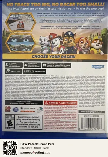 PAW Patrol: Grand Prix PlayStation 5, NTSC box back